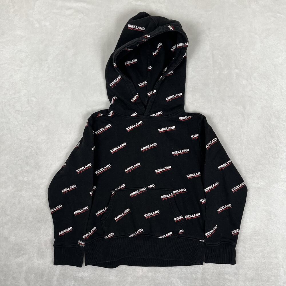 Kirkland Signature Hoodie Youth XS 5/6 Black All Over Logo Pullover Sweatshirt